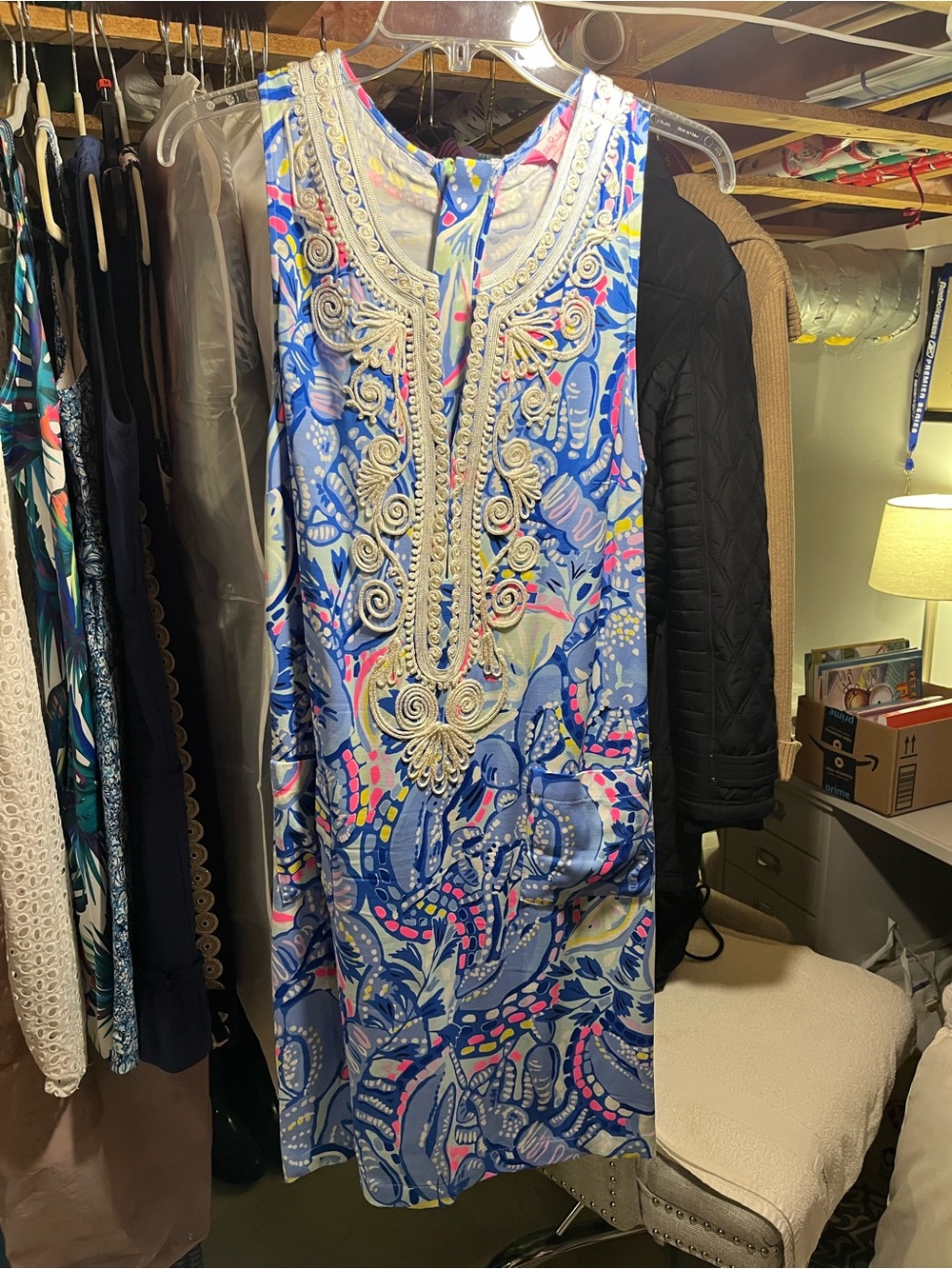 Blue Printed Sleeveless Embroidered Shift Dress